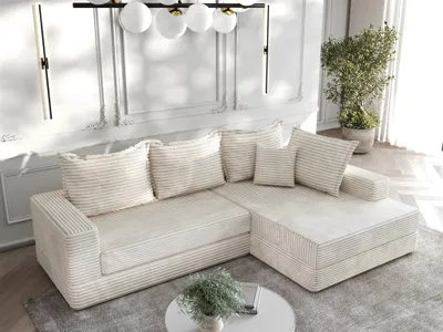 Productafbeelding van Eckbank, bankstel OSKAR, bekleed met stof Tilia in crème kleur, met een chaise longue aan de rechterkant