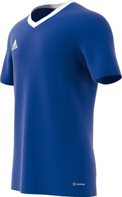 A blue Adidas t-shirt shown from a side-angle.
