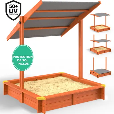 Image de SPIELWERK® Bac à sable en bois SAMI 120x120cm tapis de sol toit réglable protection UV 50+ jeu pour enfants extérieur jardin