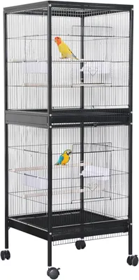 Imagen del producto de Jaula grande de metal para aves, estable y de doble nivel, con zona de juegos. Incluye soporte con ruedas, cajones extraíbles, perchas de madera y comederos. Ideal para periquitos, color , dimensiones: 52,5 x 50 x 143 cm