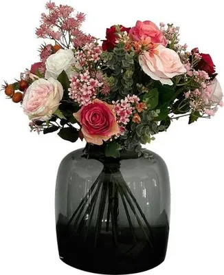 Produktbild von Kunstblumenstrauß Flammenrosen 45cm Handgebundener Strauß mit Kunstrosen Beeren