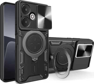 Produktbild von Handyhülle für Xiaomi Redmi 13C 5G Dual-Layer Stoßfest Rüstung Hülle mit Dia Kameraschutz und Kreisförmig Ring Ständer Schwarz