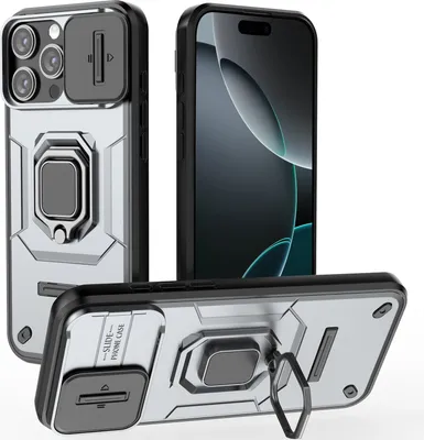 Obrázek produktu pro Pouzdro pro iPhone 16 Pro Max dvouvrstvé pouzdro s posuvnou ochranou kamery a držákem prstenu, stojánek Šedá