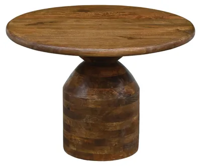 Couchtisch Mango Massivholz rund, 60 cm mit Säulenfuß in Gesamtansicht, runde Tischplatte auf zylindrischem Fuß.