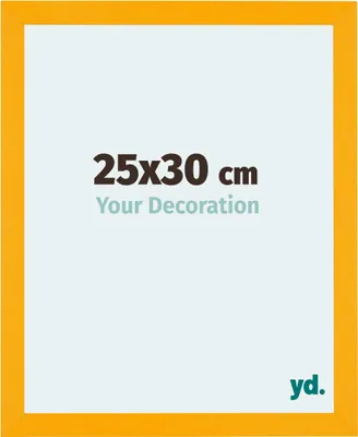 A product image of a yellow picture frame with text indicating its size and a brand logo.