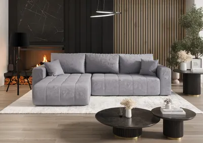 Image de Canapé d'angle avec fonction sommeil et coffre de lit MILO, tissu MONOLITH, bleu clair, gauche