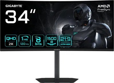 GIGABYTE GS34WQCA 34" WQHD Curved Gaming-Monitor – 3440 x 1440, 1500R, 120Hz, 1ms, 300 cd/m², FreeSync Premium, HDR Ready, HDMI 2.0, DisplayPort 1.4.