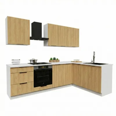 Obrázek produktu pro Rohová kuchyňská linka - 260x170 cm - Dub Hicora - 8 skříněk - s bílou pracovní deskou - moderní sestava nábytku - BONO