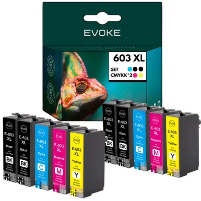 Obrázok produktu pre Kompatibilné atramenty Evoke pre tlačiarne Epson 603XL 603 XL T03A6: 10 ks (2x čierna, 2x azúrová, 2x purpurová, 2x žltá), objem 124 ml. Vhodné pre modely: Expression Home XP-2100, 21[05/50/55], 31[00/05/50/55], 41[00/05/50/55] a WorkForce WF-2810DWF, 28[20DWF/30DWF/35DWF/40DWF/45DWF/50DWF/70DWF]
