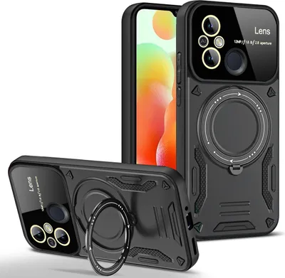 Obrázek produktu pro Odolné pouzdro pro Xiaomi Redmi 12C, dvouvrstvé pouzdro s držákem na prstýnek a stojánkem černé