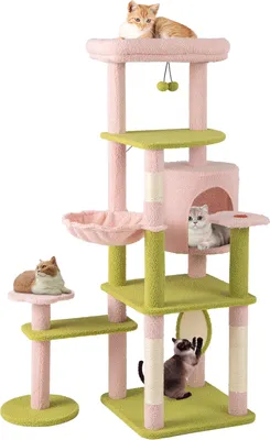 Image de Arbre à chat COSTWAY 148cm thème floral, arbre à chat à plusieurs étages avec niche pour chat, poteaux en sisal, griffoir & balle Arbre à grimper en bois, rose vert