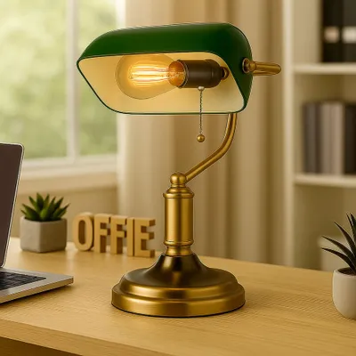 Produktbild von Tischleuchte, Bankerlampe, Zugkette, altmessing, grün, H 36 cm