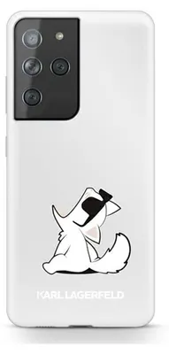 A white phone case with a cartoon dog wearing sunglasses printed on it, and the brand name below.