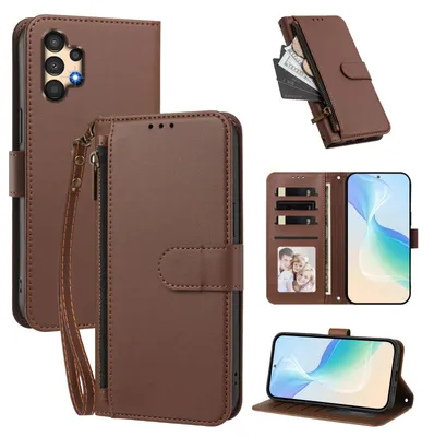 Obrázek produktu pro Peněženkové pouzdro pro Samsung Galaxy A32 4G,Polyuretankožené pouzdro s přihrádkami na karty, stojánkem a poutkem na ruku Hnědá