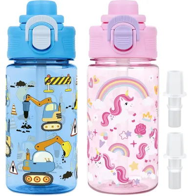 Obrázek produktu pro Omgoods - 2 kusy, lahve na vodu o objemu 380 ml pro děti, s brčkem - plastové lahve bez úniku, vhodné pro děti