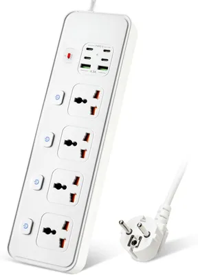Produktbild von Verlängerungskabel mit USB-Anschlüssen – 4-fach Steckdosenleiste mit 4 USB-C-Anschlüssen und 2 USB-Anschlüssen – 3250 W, Ein-Schalter – Weiß