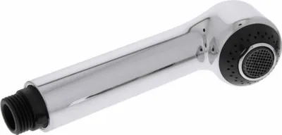 A chrome shower head with a black nozzle on a white background.