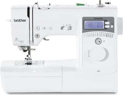 A white Brother Innov-is A16 sewing machine is shown from the front.