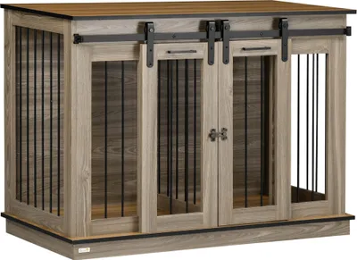 Produktbild von Hundekäfig mit 2 Türen, Hundebox, Transportbox für Hunde, rustikales Design, verriegelbar, Braun