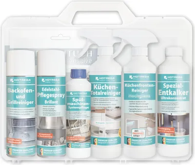 Produktbild von HOTREGA Küchen-Set Reinigung und Pflege Küchengeräte 8-teilig, Allzweckreiniger, Entkalker Kaffeemaschine Spülmaschine, Microfasertuch