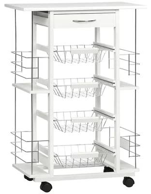 Produktbild von Küchenwagen - Servierwagen mit Fliesenarbeitsplatte - Schublade - 4 Körbe - Holzgestell - 57x37x83 cm - Weiß