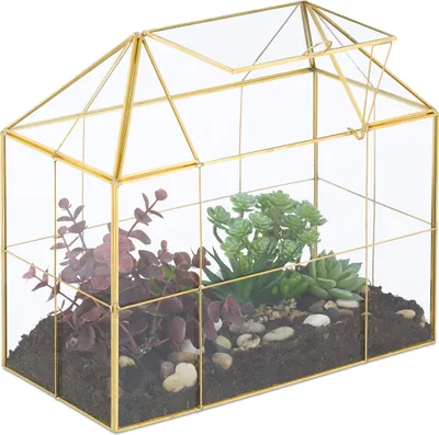 Zdjęcie produktu dla Terrarium roślinne Relaxdays, szkło i miedź, wymiary: 27x30x15 cm, szklana szklarnia dekoracyjna na kaktusy i mech, szklana gablota na parapet, złota