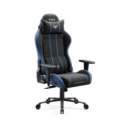 A black and blue gaming chair against a white background.
