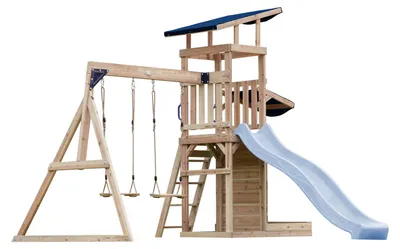 Produktbild von AXI Malik Spielturm aus Holz mit 2 Schaukeln | XXL Spielhaus / Spielplatz für Kinder mit Sandkasten, Spielwand & Rutsche in Pastellblau | Schaukelgerüst für den Garten