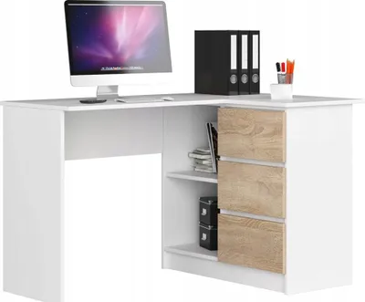 Immagine prodotto di BDW, scrivania angolare destra, 3 cassetti, 4 ripiani, bianco/rovere Sonoma destra