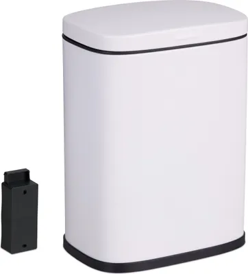 Image de Poubelle de salle de bain Relaxdays à fixation murale, 3 litres, système d'ouverture automatique, seau intérieur, métal, poubelle de salle de bain carrée, blanche