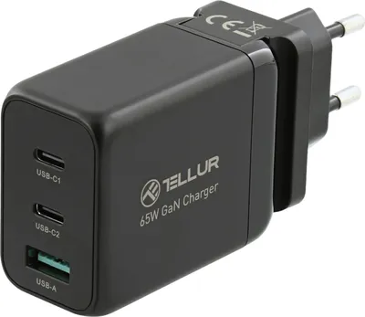 Zdjęcie produktu dla 3-portowa ładowarka ścienna Tellur GaN 65W, 2xUSB-C + USB-A, EU, UK, US, czarna