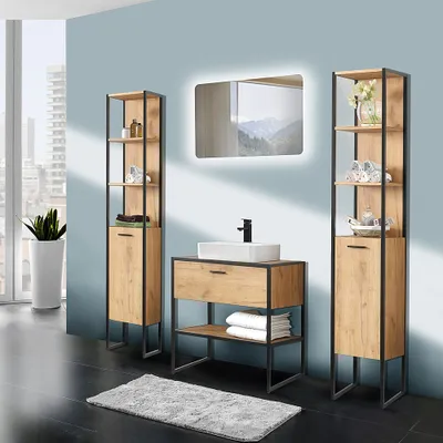 Produktbild von Badmöbel im Industrial-Style Set 5-teilig MANHATTAN-56 Eiche/schwarz B/H/T: 200/200/46cm