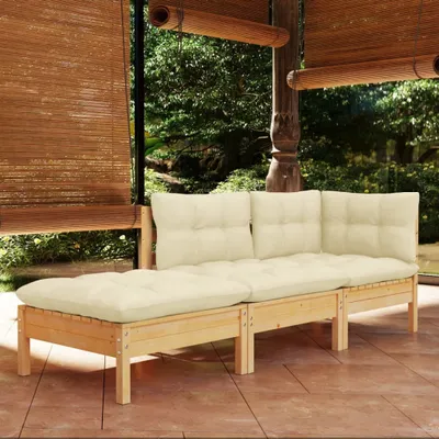 Produktbild von [Home] 3-tlg. Garten-Lounge-Set mit Creme Kissen Massivholz Kiefer , Neue Mode 2024 im häuslichen Leben