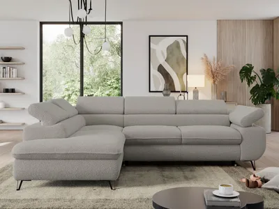 Produktbild von Couch mit Schlaffunktion, L-form Ecksofa, Wohnzimmersofa, mit Einstellbare Kopfstützen - PEDRO L - Boucle - Hellgrau - Links