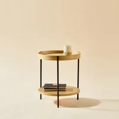 Produktbild von Couchtisch mit 2-stoeckigem Tablett-Design, rund, Massivholz, 44 x 44 x 48 cm, Natur