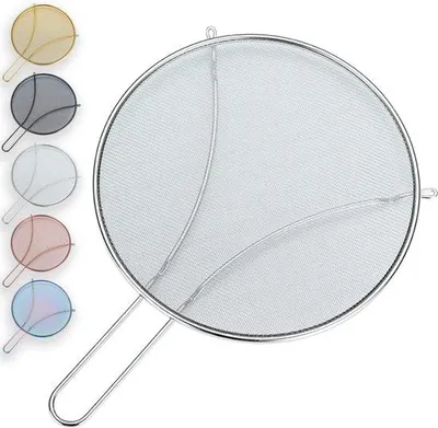 Imagen del producto de Protectores anti-salpicaduras Unyqoos® de 30,5 cm – acero inoxidable, malla muy fina, bloquean hasta el 99% de las salpicaduras de grasa, para sartenes y ollas, con mango de plástico