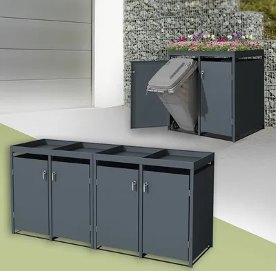Two sets of dark gray metal trash can enclosures are shown. One is a four-unit enclosure with open tops and closed doors below. The other is a single unit with a planter on top, and one door open revealing a trash can inside.
