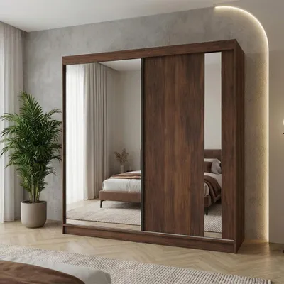 Produktbild von Beautysofa GAJA II Schwebetürenschrank 200 cm mit Spiegel – Kleiderschrank 2-türig, Schlafzimmer Schrank, Warmia Walnuss mit vier Schubladen