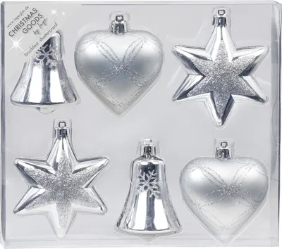 Produktbild von Weihnachtskugeln Formen dekoriert Kunststoff 9cm 6er Set - Silber