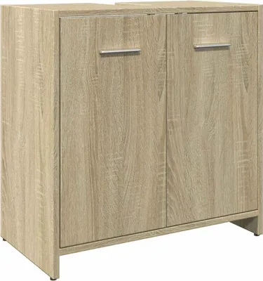 A front view of a wooden cabinet with two doors and silver handles, set against a white background.