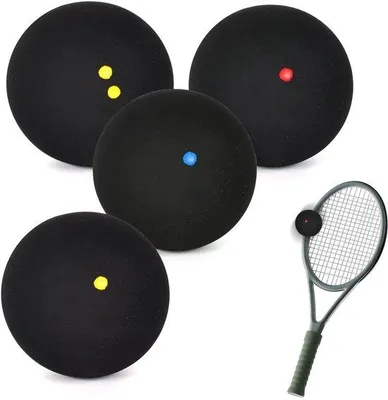 Image de Ensemble de 4 balles de squash Unyqoos® : 1 bleue, 1 rouge, 1 jaune, 1 double jaune ; fabriquées en caoutchouc non toxique, cet ensemble léger est idéal pour les débutants comme pour les joueurs confirmés