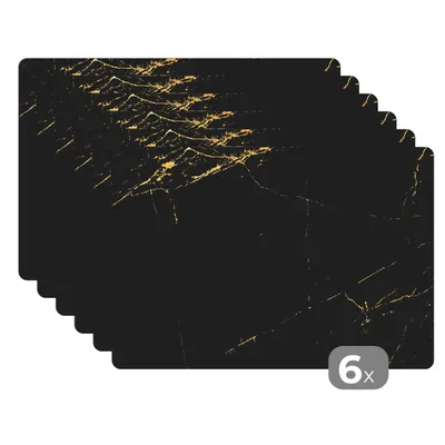 Obrázok produktu pre MuchoWow® Podložky Sada 6 podložiek Umývateľné podložky 30x45x0.3cm Mramor - Čierna - Zlatá - Elegantný - Mramorový vzhľad - Dizajn Podložka pod stôl