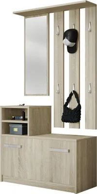 Produktbild von MIRJAN24 Garderobe-Set Kolom, Wandgarderobe mit 6 Kleiderhaken, Flurgarderobe mit Spiegel, Schuhschrank (Farbe: Sonoma Eiche)