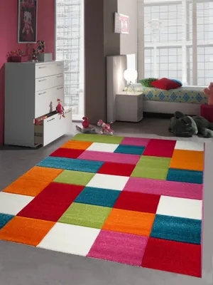 Produktbild von Kinderteppich Spielteppich Kinderzimmer Teppich Karo bunt türkis orange weiss rot pink Größe - 160x230 cm