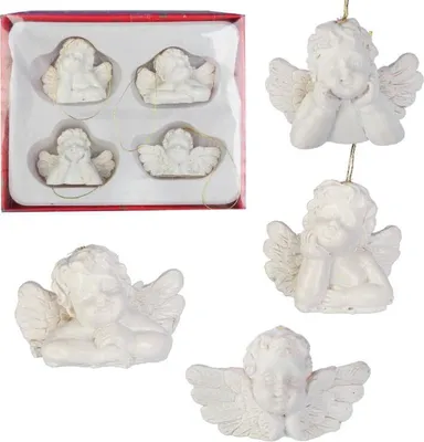 Produktbild von Set mit 4 weißen Engelsanhängern aus Polyresin, 3,5 x 5 cm - Weihnachtsdekoration