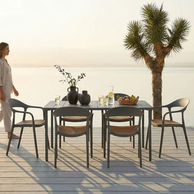 Produktbild von Gartenmöbel Set LAVANDA 1 Tisch & 6 Stühle, grau - Outdoor Sitzgruppe wetterfest UV-beständig, Tisch aus Aluminium, Stühle aus Polyrattan & Wiener Geflecht Optik für Balkon Terrasse & Garten