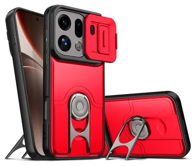 Image de Coque de téléphone pour Oppo Find X9 Pro avec protection pour l'appareil photo et anneau de fixation/support, coque hybride antichoc, rouge