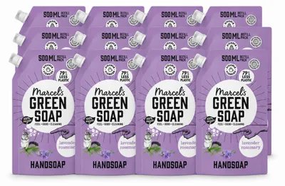 Productafbeelding van 12 x Navulverpakking Marcel's Green Soap handzeep - Lavendel & Rozemarijn - 500 ml - Voordelige verpakking - 12 stuks