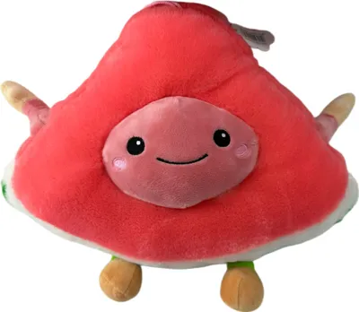 A plush toy shaped like a watermelon slice.
