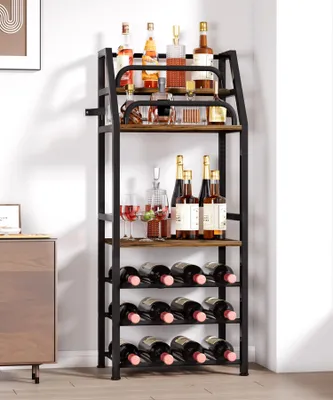 A multi-tiered wine rack filled with bottles of wine and spirits, placed against a white and light gray background.